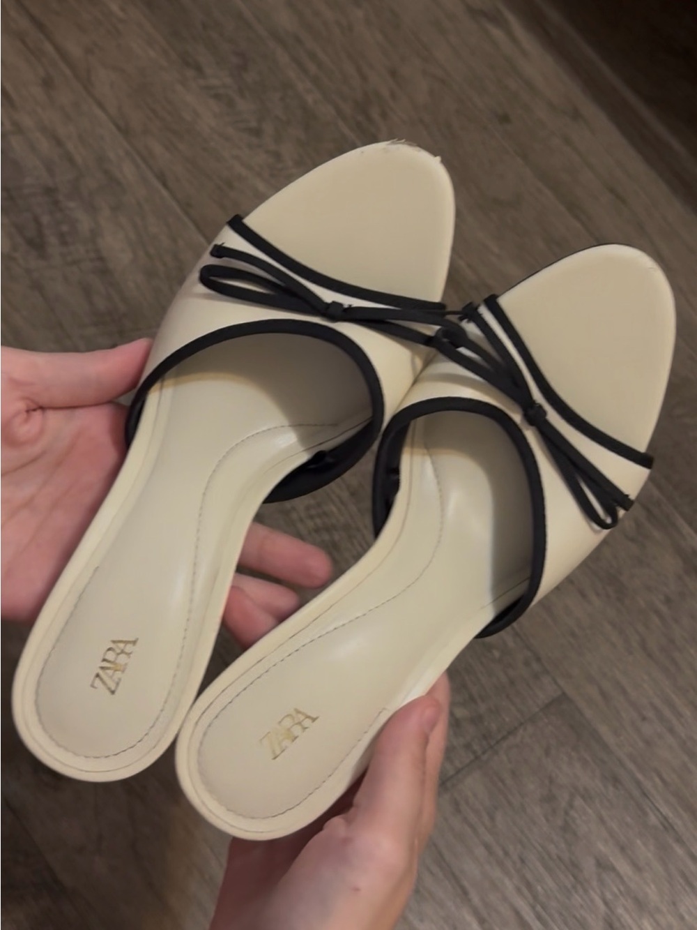 ZARA Cream Slip-On Mules with Black Bow Trim